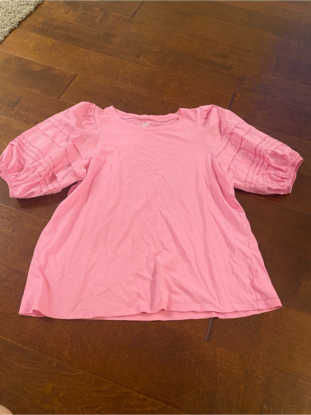 Crown & Ivy Pink Pleated Puff Sleeve Knit Tee Blouse Size Large - EUC